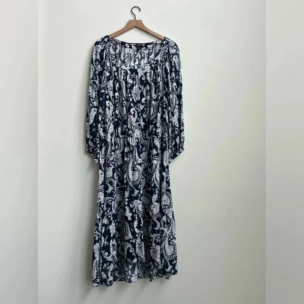 TALBOTS FLOUNCE HEM MIDI DRESS IN BLUE/WHITE PAISLEY 3X Tiered Modest Workwear - Picture 2 of 12